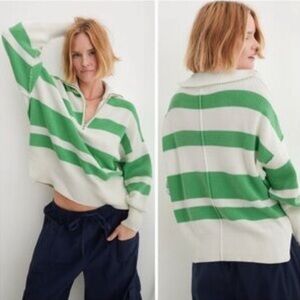 Aerie Green and White Striped Women's Sweater